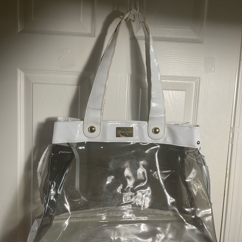 Versace Perfume Extra large Clear plastic Tote Bag White patent trims.